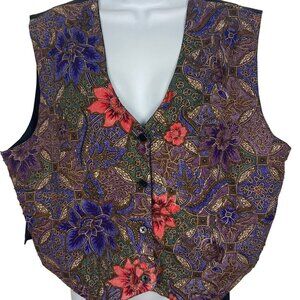 Vintage 80s Floral Beaded Vest By Class Womens XL Tie Back Colorful Cotton New